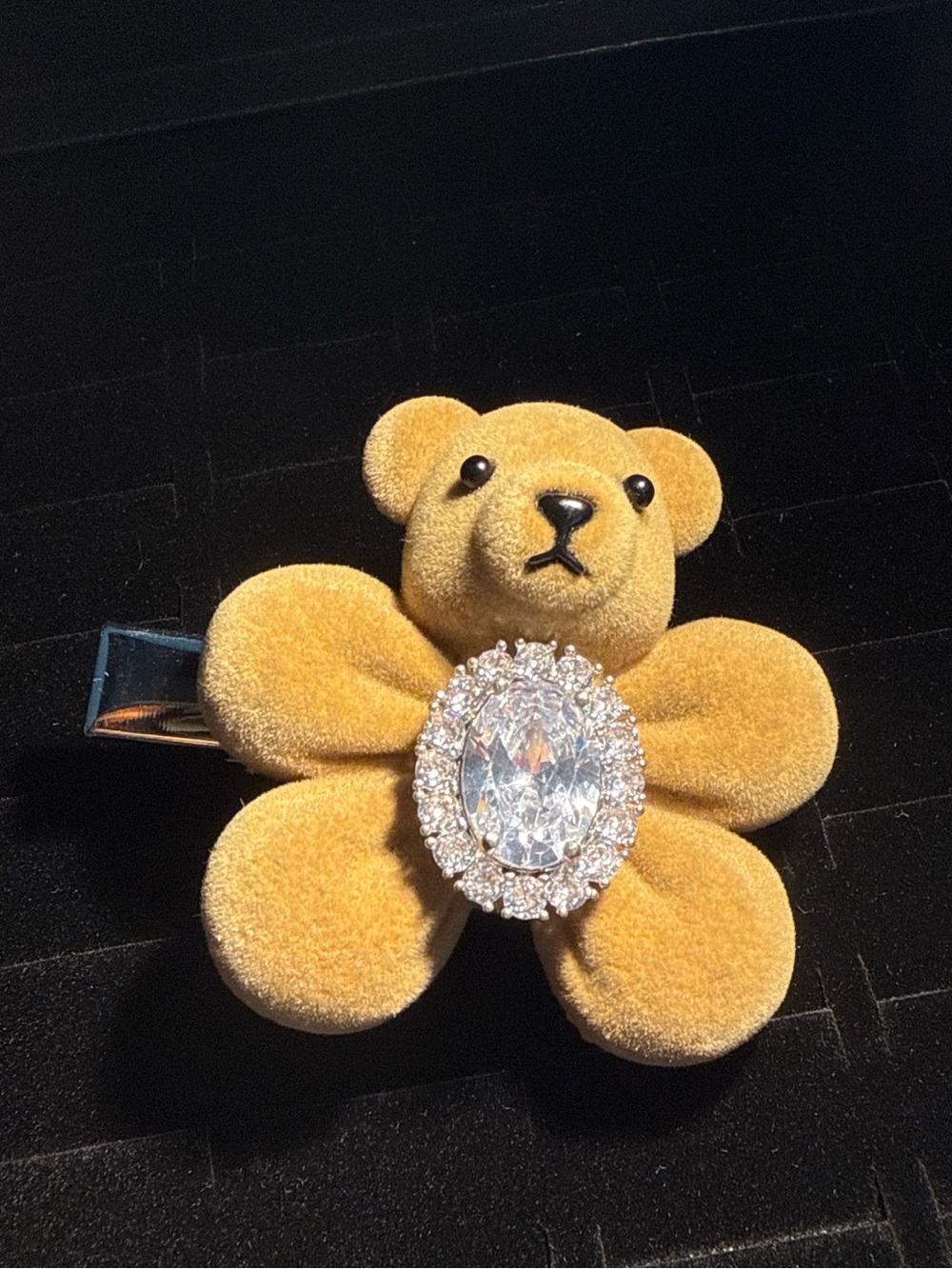 Plush Bear Flower Hair Clip with Crystal Accent - Yellow
